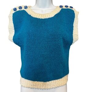Teal Cream Knit Button Shoulder Vest Top Sweater S Academia Preppy Vintage Retro